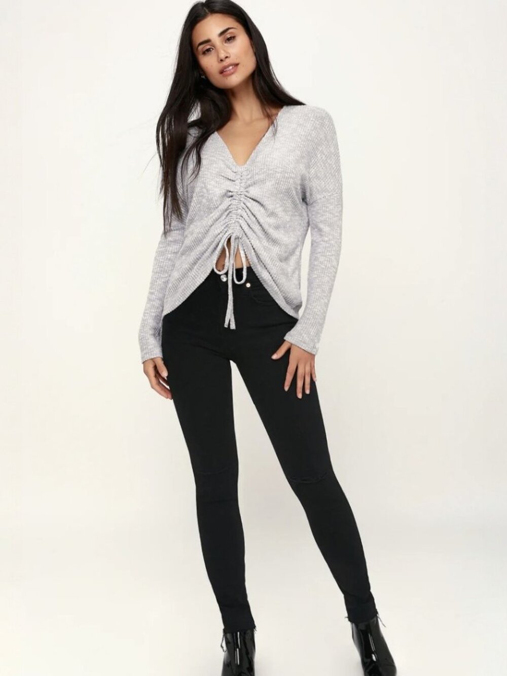 Lulus Briony Heather Grey Ruched Long Sleeve Sweater Top NWT